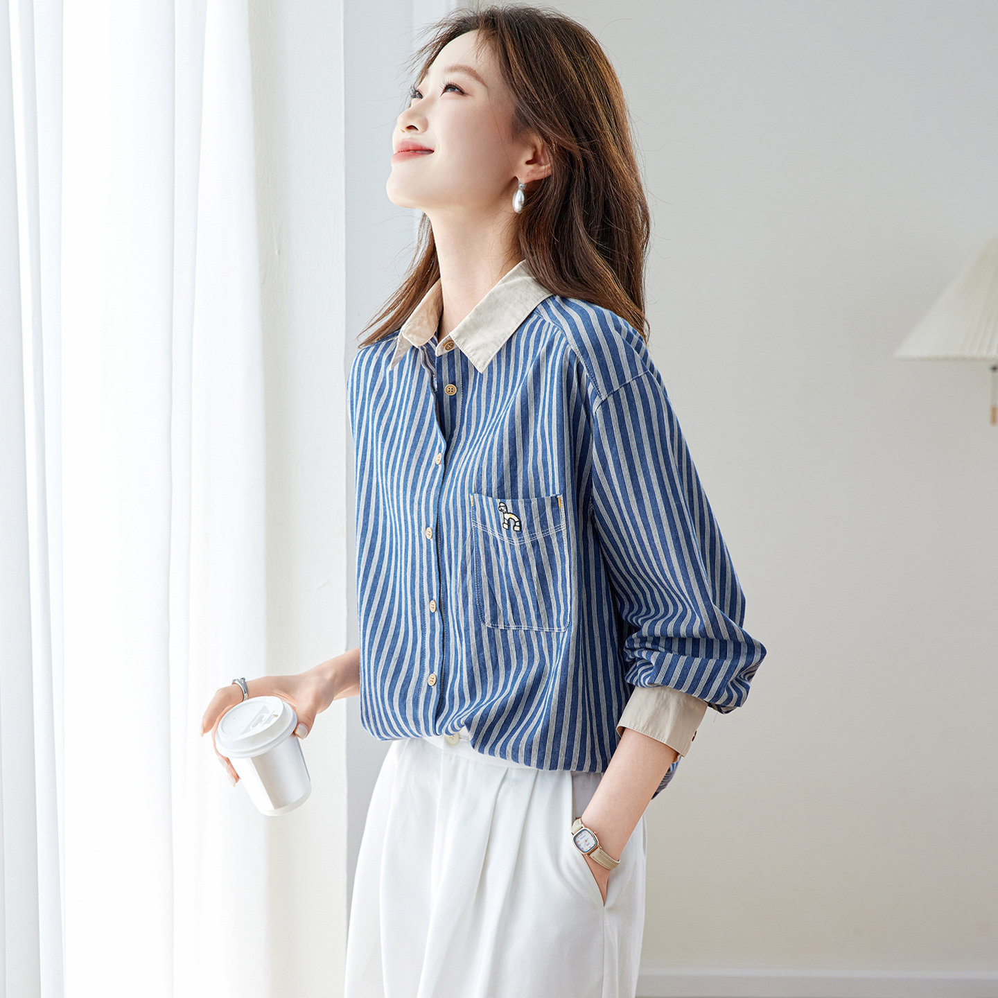 100%棉法式条纹衬衫女春季长袖翻领通勤穿搭减龄百搭上衣2026新款