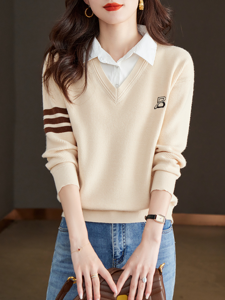 衬衫领针织衫女秋季2025新款时尚洋气假两件上衣小个子毛衣打底衫