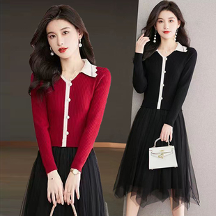 2024新款春秋季连衣裙女显瘦洋气高端假两件网纱拼接针织毛衣长裙