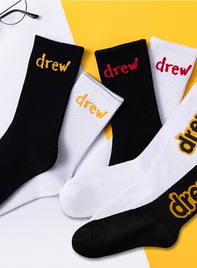 DREW字母潮袜男女情侣中筒运动袜比伯同款街头美式风休闲长袜子棉