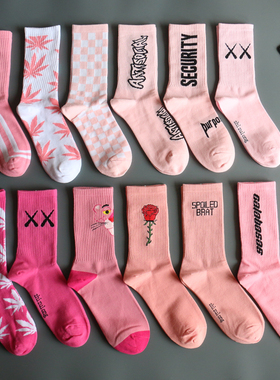 粉色袜子男女中筒ins潮流新款超火街头嘻哈个性字母长运动袜春季