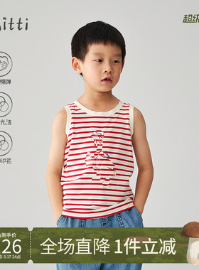 Mitti2025夏季新款儿童背心棉弹针织条纹圆领印花无袖上衣男女童