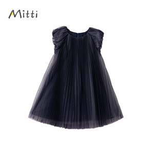 Mitti童装女童春夏装短袖网纱连衣裙深蓝色儿童泡泡袖圆领公主裙