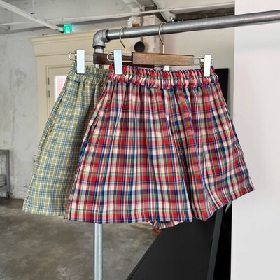 HEY JUDE韩国东大门代购25年夏季新款休闲百搭撞色格子松紧腰短裤