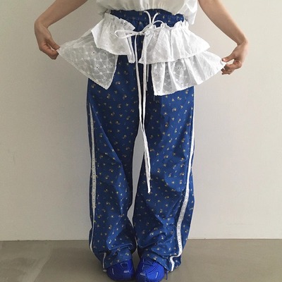 BY CHAPTER韩国东大门代购2025年夏季新款抽绳碎花侧拼蕾丝休闲裤