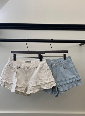 VIRKIN韩国东大门代购2025年春季新款百搭抽绳压褶荷叶边牛仔短裤