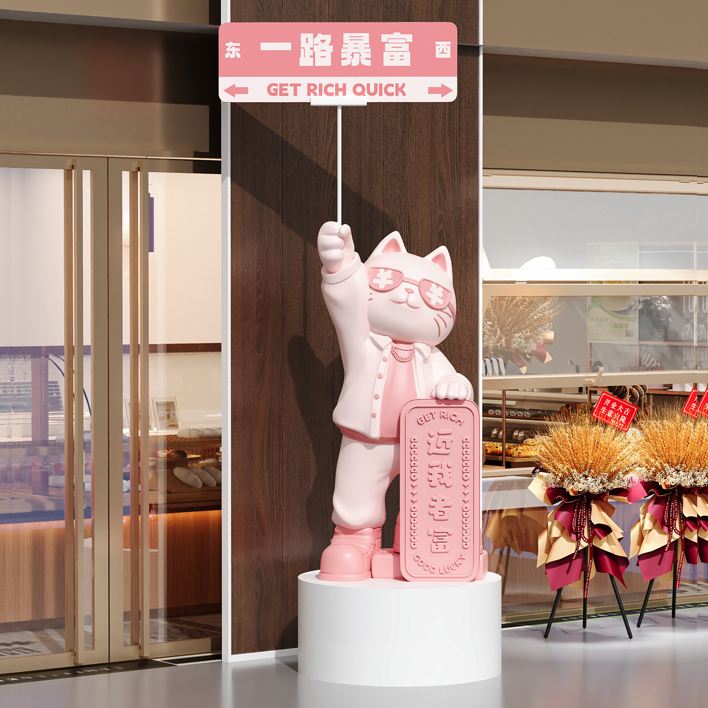 粉色路牌招财猫客厅大型落地摆件工艺品轻奢高档前台开业大吉礼物