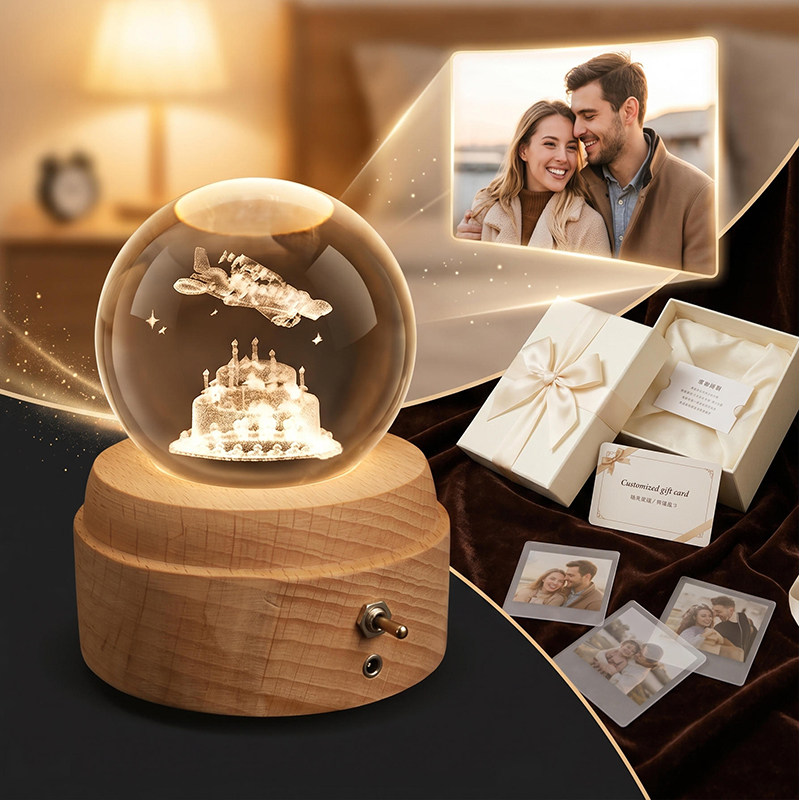 水晶球音乐盒木质底座浪漫礼品灯生日礼物定制照片纪念创意装饰灯