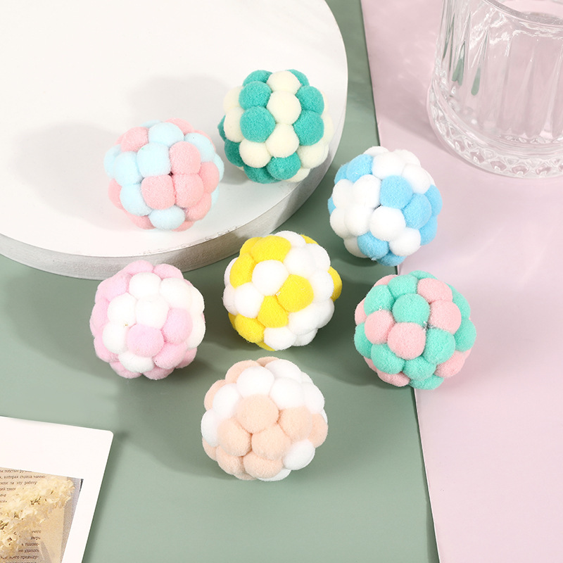 毛绒铃铛球猫咪马卡龙糖果色球弹力球自嗨七彩毛绒玩具毛球