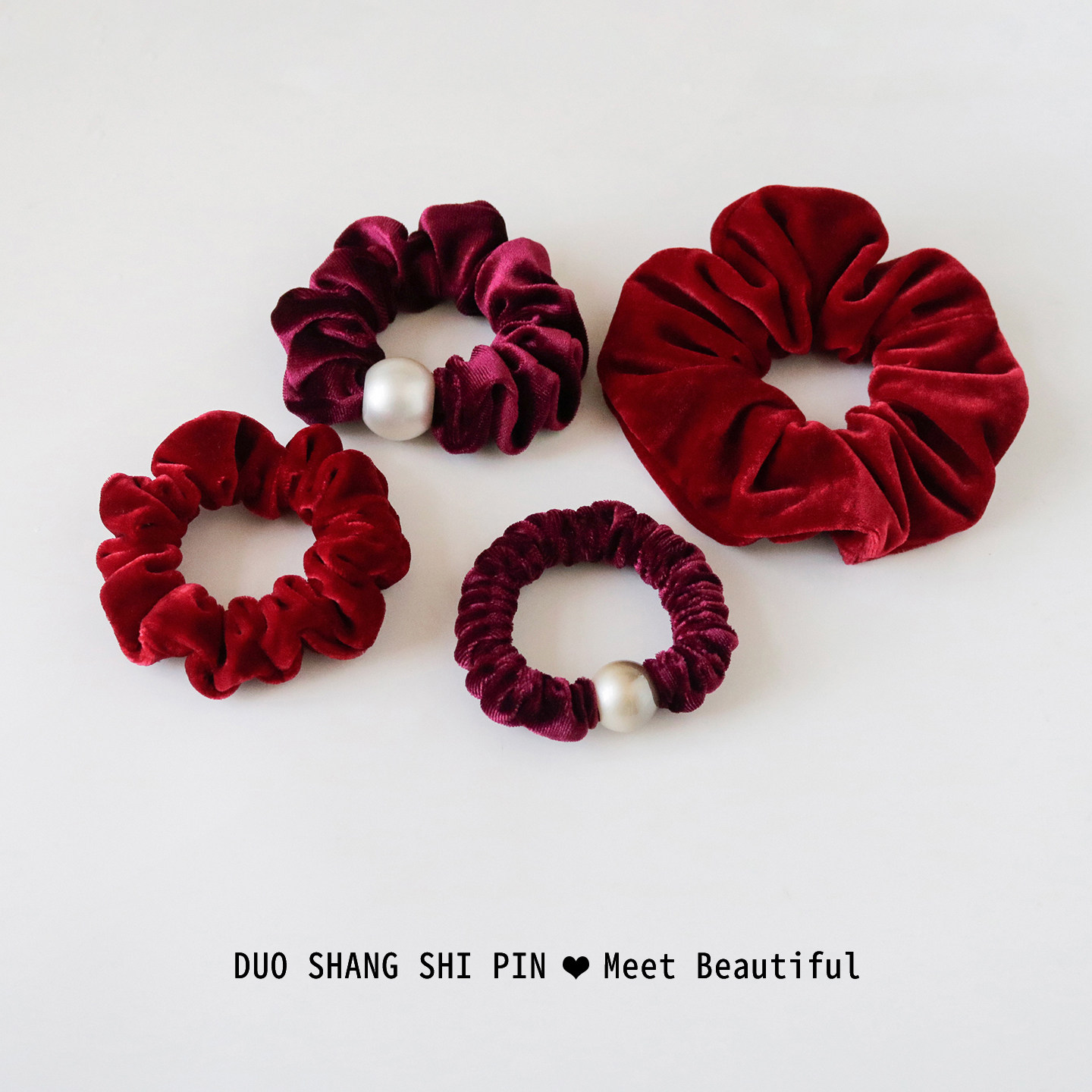 法式珍珠丝绒大肠发圈少女酒红色