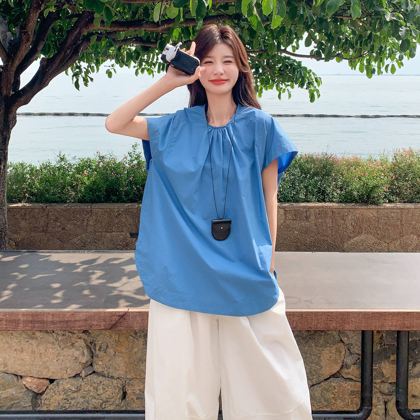 蓝色休闲衬衫套装女夏季2025新款韩版慵懒风宽松显瘦阔腿裤两件套,女装套装/套裙,浙宝257