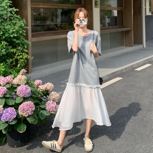网纱拼接T恤连衣裙女2025夏季新款高级感慵懒风休闲中长款裙子潮图片