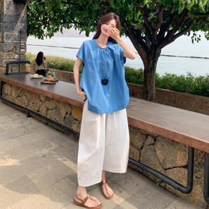蓝色休闲衬衫套装女夏季2025新款韩版慵懒风宽松显瘦阔腿裤两件套图片