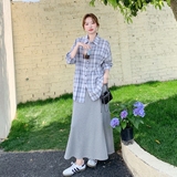 复古格纹衬衫连衣裙套装女2025年夏季新款韩系慵懒风吊带裙两件套，女装套装/套裙，浙宝257