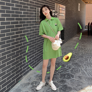 现货！长款小个子Polo衫连衣裙牛油果绿翻领短袖t恤宽松 P70K108图片