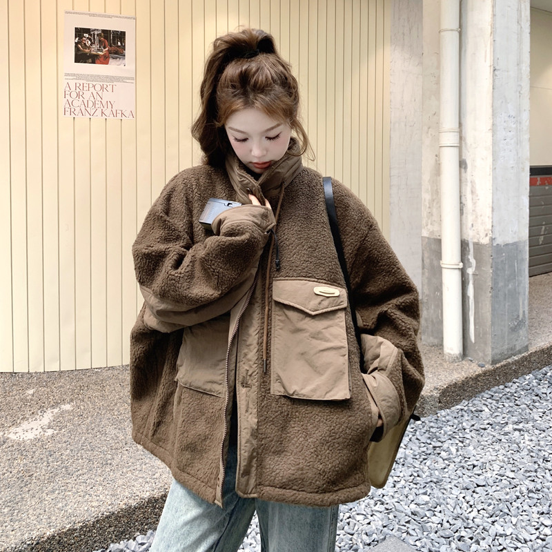 现货足！羊羔毛拼接夹棉外套257-58518-P215K318,女装棉衣/棉服,浙宝257