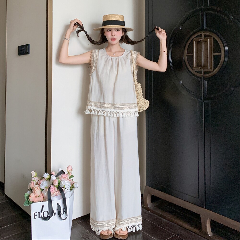 波西米亚度假风套装女2025夏季新款流苏拼接无袖背心阔腿裤两件套图片