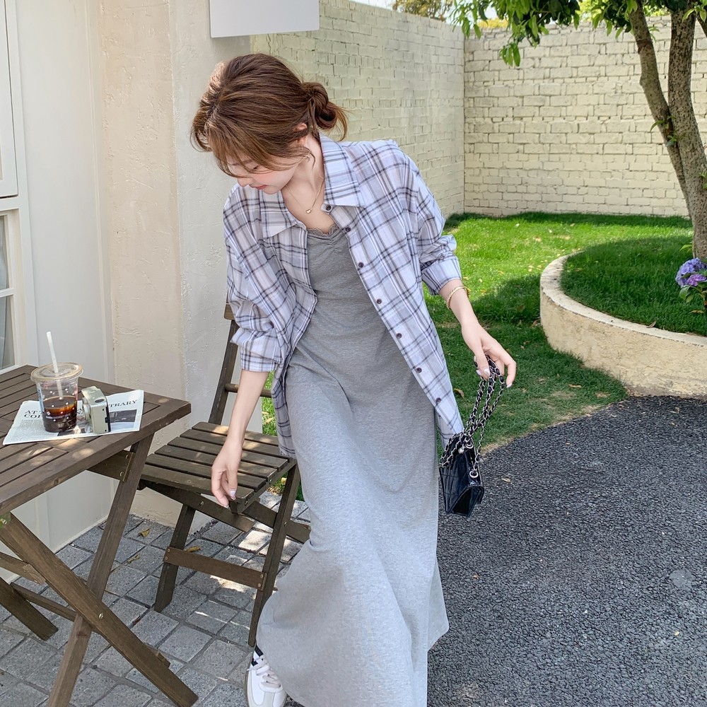 复古格纹衬衫连衣裙套装女2025年夏季新款韩系慵懒风吊带裙两件套，女装套装/套裙，浙宝257