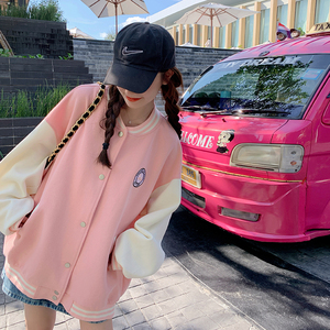 粉色学院风减龄棒球服女2025春秋新款韩版宽松休闲小个子夹克外套