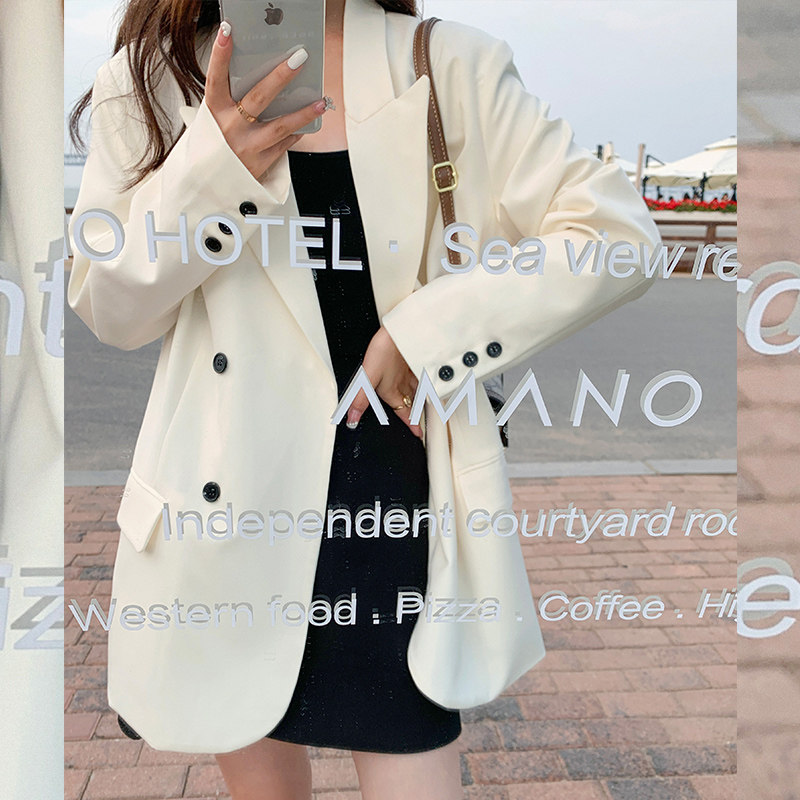 白色休闲西装外套女2025春秋新款韩版高级感气质显瘦双排扣小西服,女装西装,浙宝257