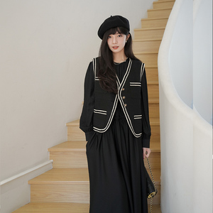气质感穿搭黑色长袖连衣裙配小香风马甲女春秋超火好看长裙子套装图片