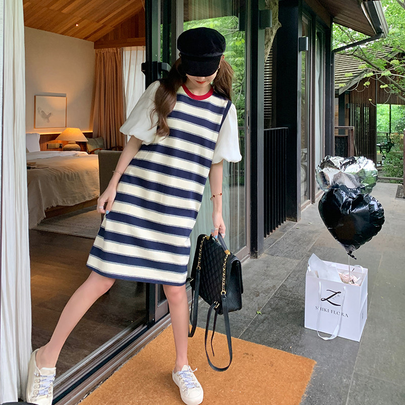 泡泡袖条纹拼接连衣裙女2025夏季新款韩版宽松洋气减龄小个子裙子,女装连衣裙,浙宝257