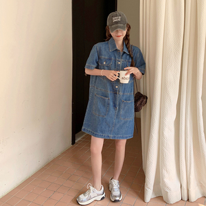 法式牛仔连衣裙女夏季2025新款小个子宽松衬衫裙港味复古chic裙子图片