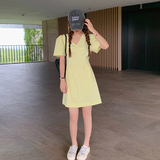 休闲少女感纯色漂亮连衣裙2025女夏季新款气质V领收腰短款小个子，女装连衣裙，浙宝257