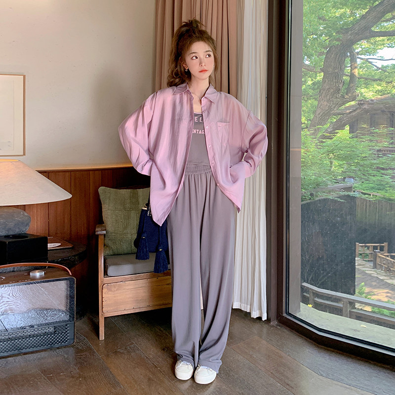 韩系休闲防晒衬衫背心阔腿裤女2025夏季新款小个子减龄,女装防晒衣,浙宝257