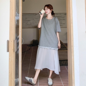 灰色网纱拼接连衣裙女夏季2025年新款设计感气质显瘦中长款T恤裙图片