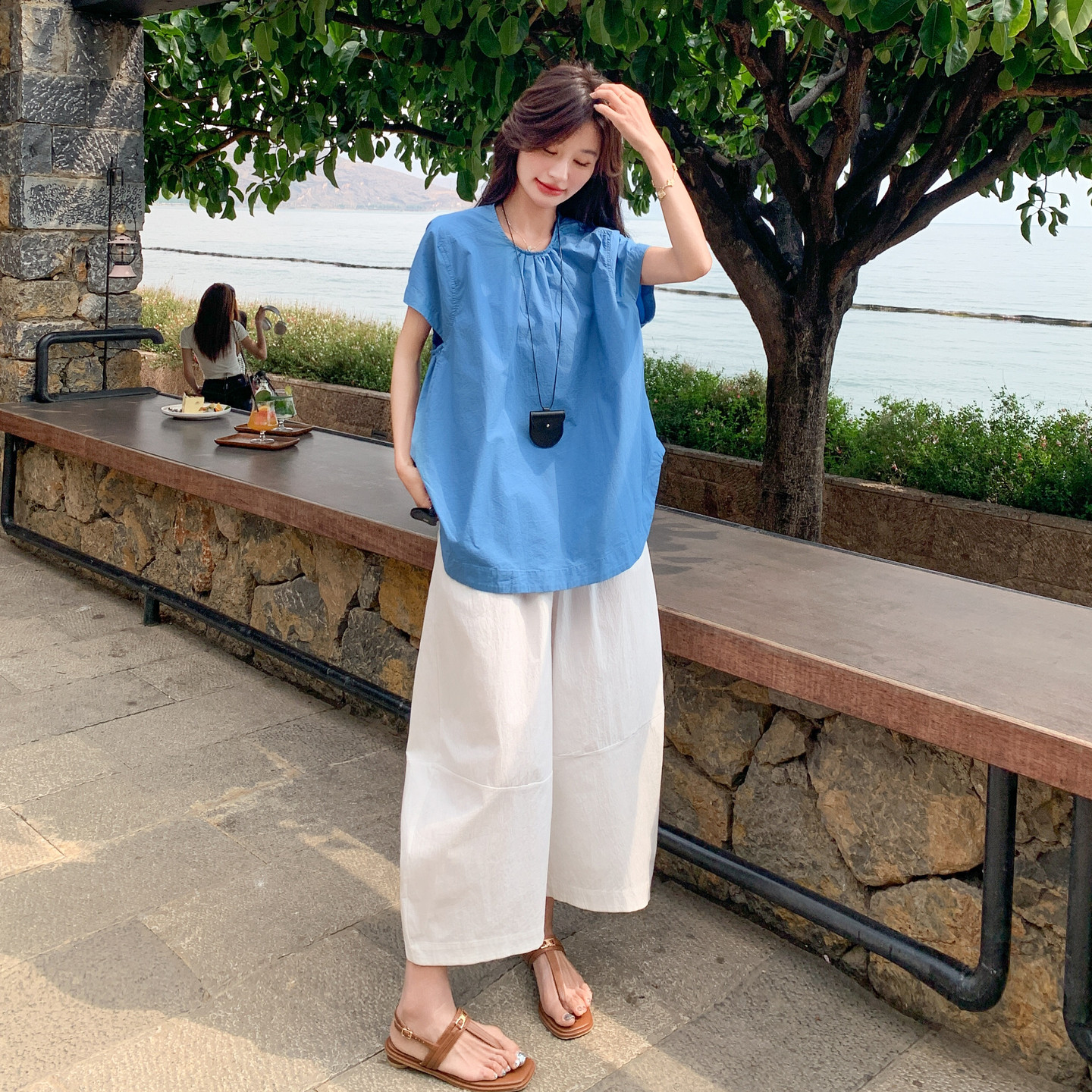 新款！现货！慵懒蓝色宽松休闲裤两件套257-58507-P155K228,女装套装/套裙,浙宝257