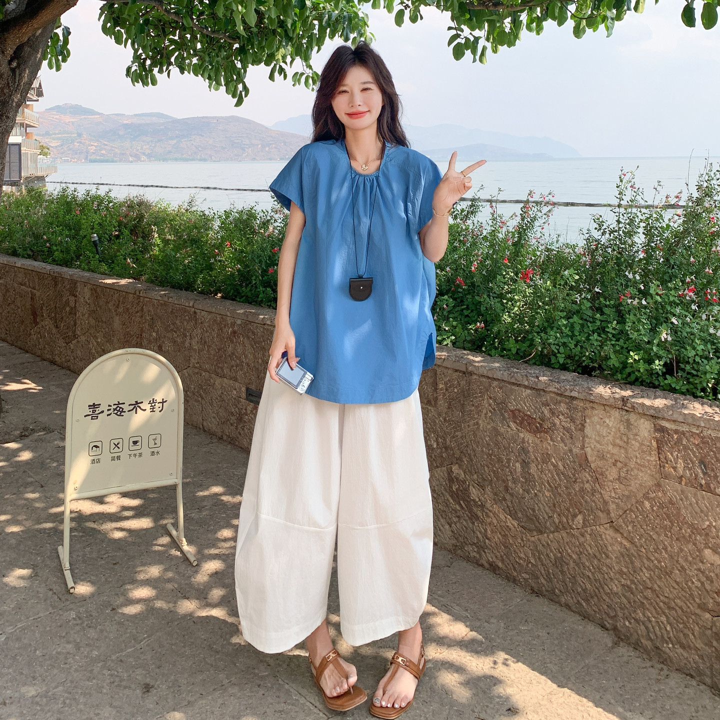 新款！现货！慵懒蓝色宽松休闲裤两件套257-58507-P155K228,女装套装/套裙,浙宝257
