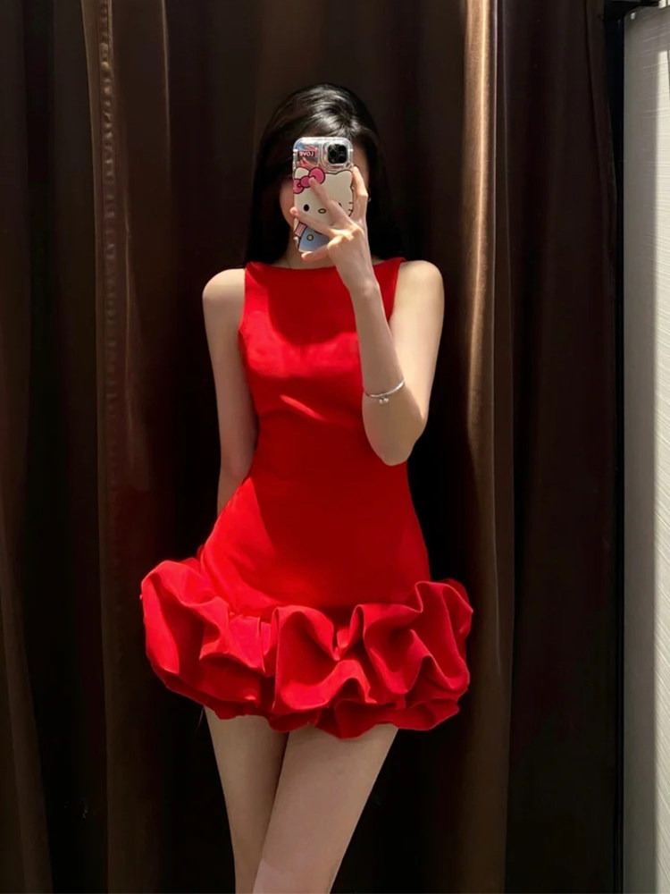 레드 슬림 웨이스트 민소매 푹신한 백리스 프렌치 버드 드레스 쁘띠 짧은 스커트 생일 드레스