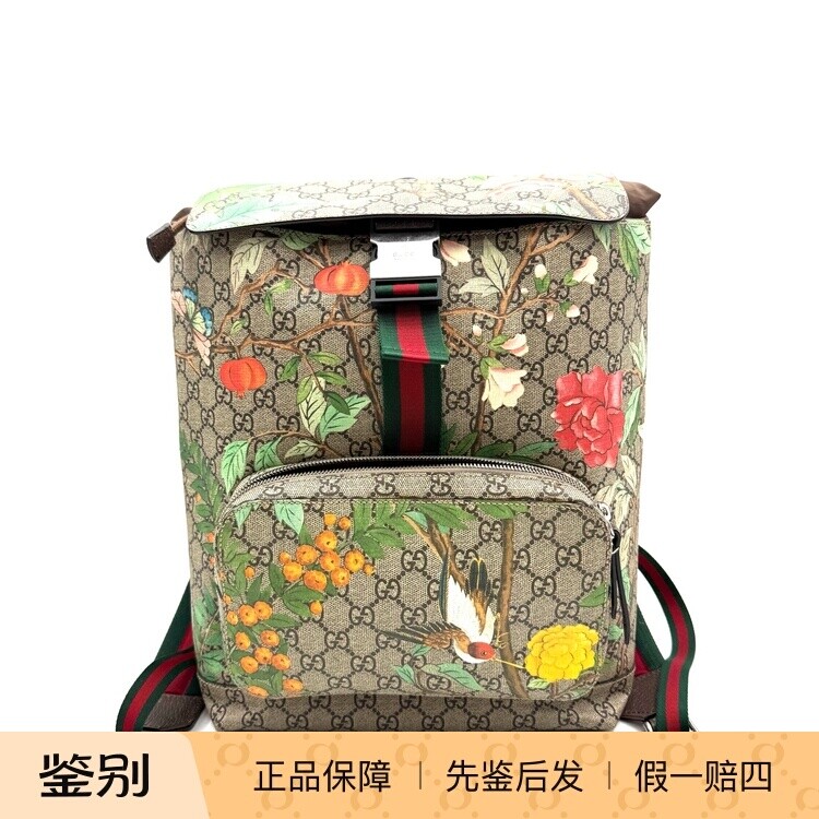 Gucci古驰 花卉双肩包限量精美花鸟图红绿条纹肩带 98新19673577