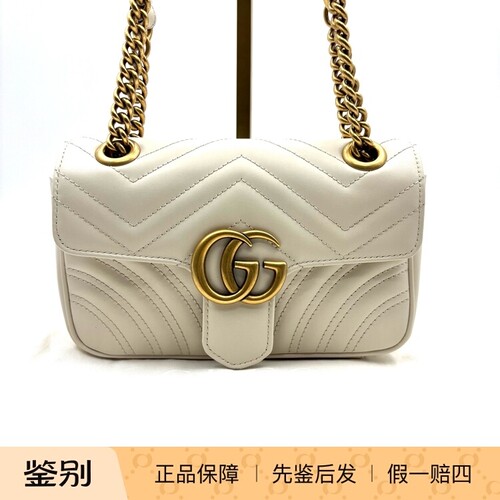 GUCCI古驰 GG Monogram马蒙22 金标链条皮革白色成色98新21898002