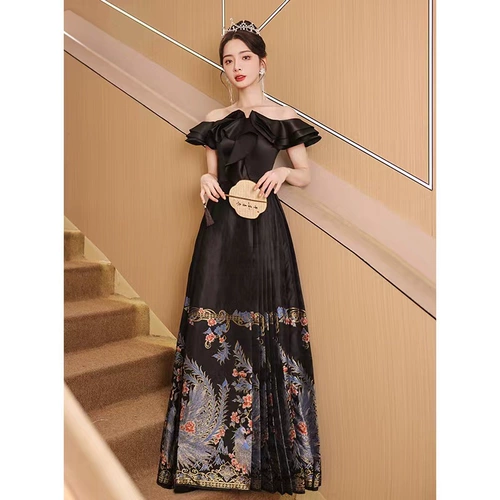 Черное элитное вечернее платье, изысканный стиль, открытые плечи, китайский стиль
