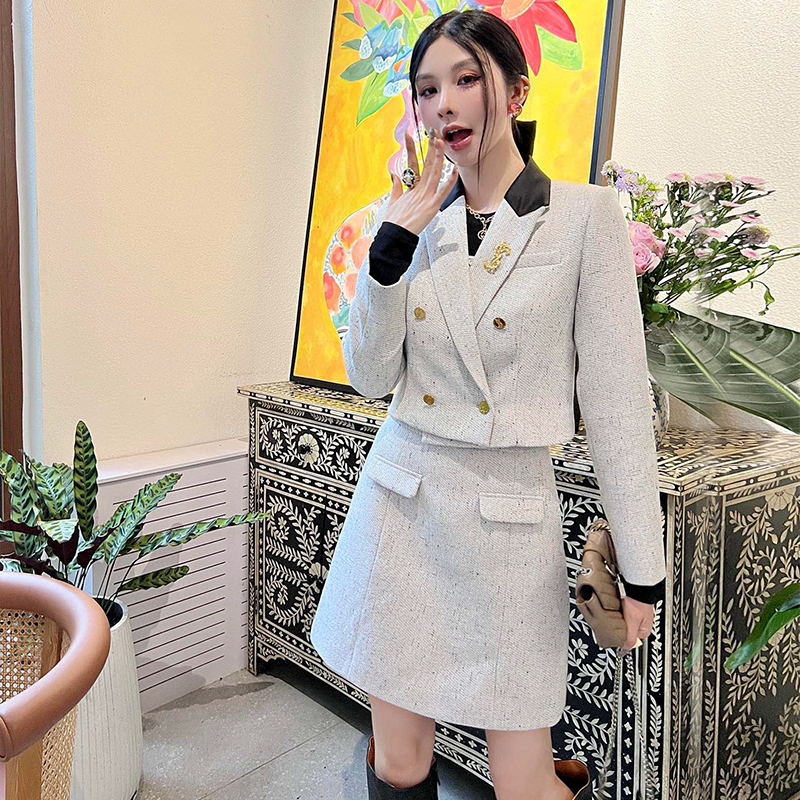 小个子西装套装裙子女高断定制设计感气质撞色领口包臀半裙两件套