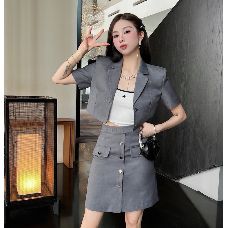 小个子西装套装裙女字母贴布短款西服单排扣包臀半身裙两件套裙子