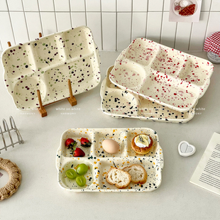 泼墨盘子减肥分格餐盘定量分餐盘高级感家用五格分格盘陶瓷双耳盘