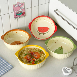 一人食漂亮餐具高温釉下彩餐碗高颜值双耳大碗陶瓷泡面碗吃饭汤碗