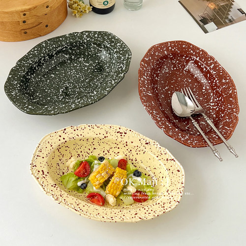 泼墨陶瓷椭圆盘高级感早餐盘ins风盘子菜盘漂亮家用水果沙拉盘