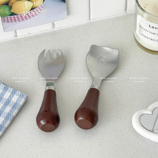 ins风勺子个人专用可爱小勺子木柄304不锈钢甜品勺叉高颜值小叉子