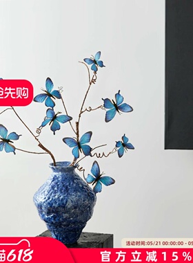 立体仿真蝴蝶黑色蓝色复古仿真花家居摆件装饰高端假花客厅摆设