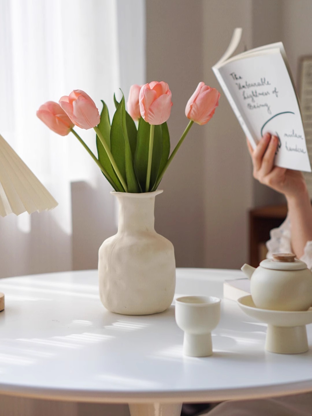 奶油风郁金香彷真花束ins高档花瓶家居摆设客厅插花摆件餐桌花