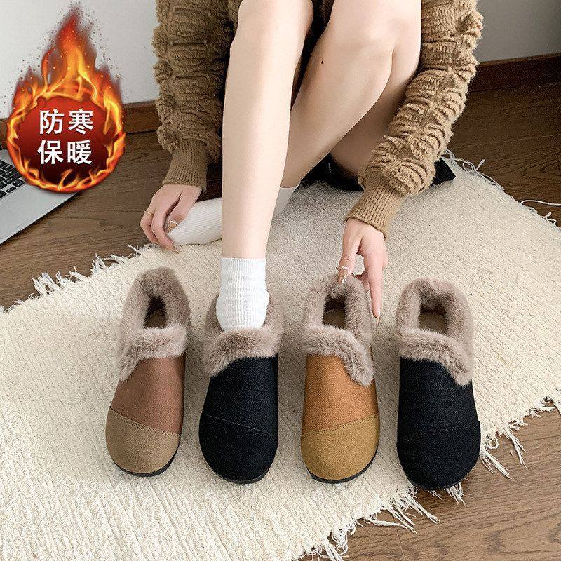 仿羊羔绒内里新款轻便女撞色秋冬平底鞋棉鞋一脚蹬加绒豆豆鞋保暖