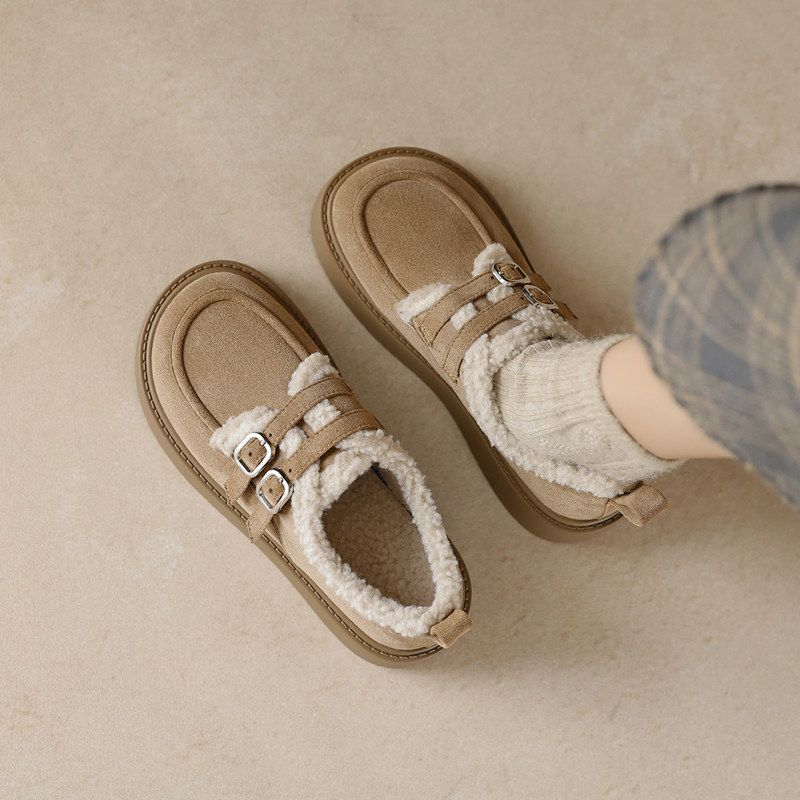 威威女郎 678-1小个子增高加绒乐福鞋女冬厚底勃肯鞋保暖毛毛棉鞋