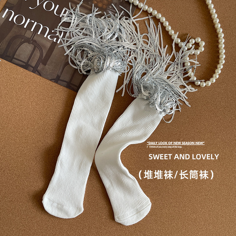 儿童袜子春秋薄款棉女童中筒袜彩色亮片流苏流苏蕾丝直板堆堆袜中