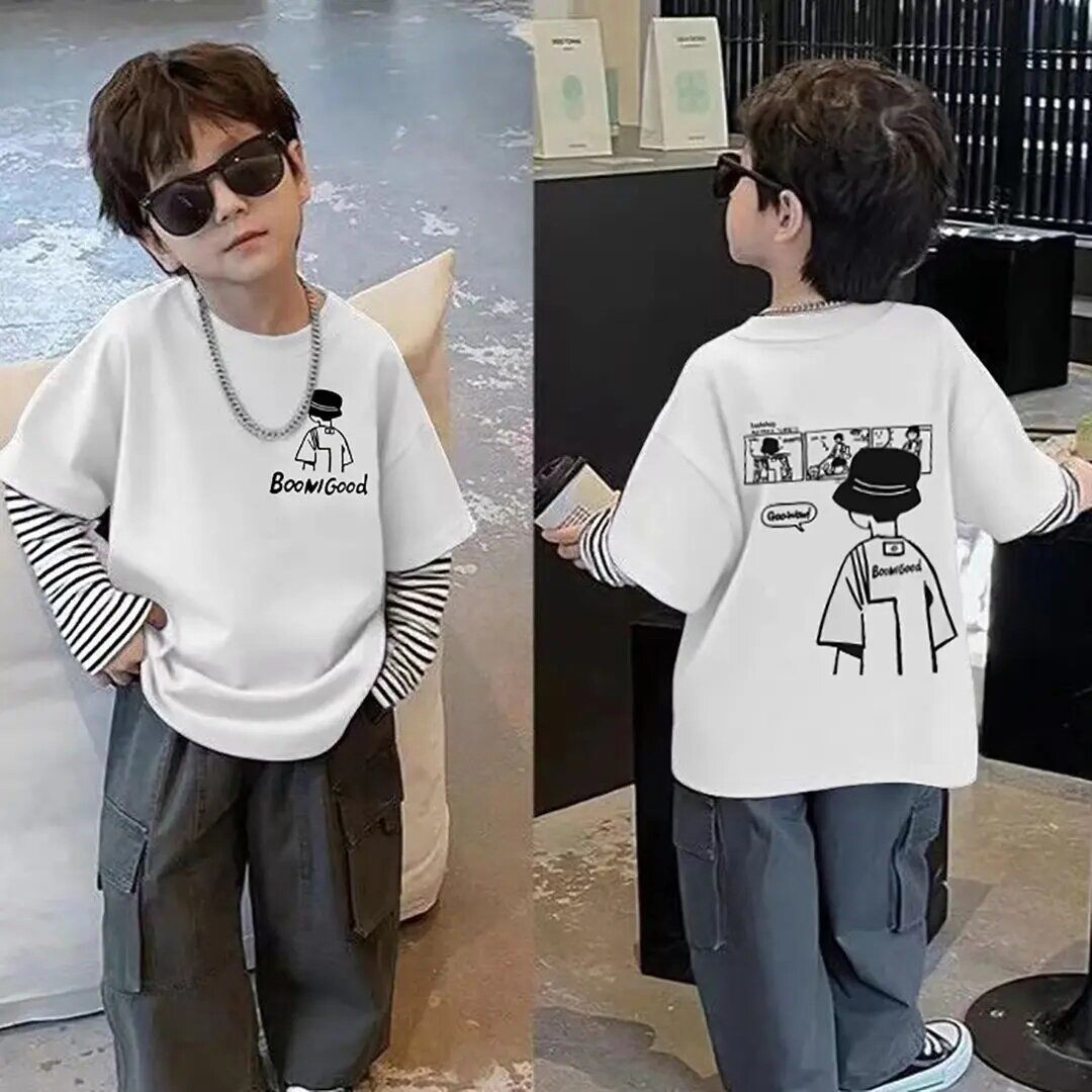 男童春季新款假两件长袖T恤中大童百搭帅气上衣打底衫