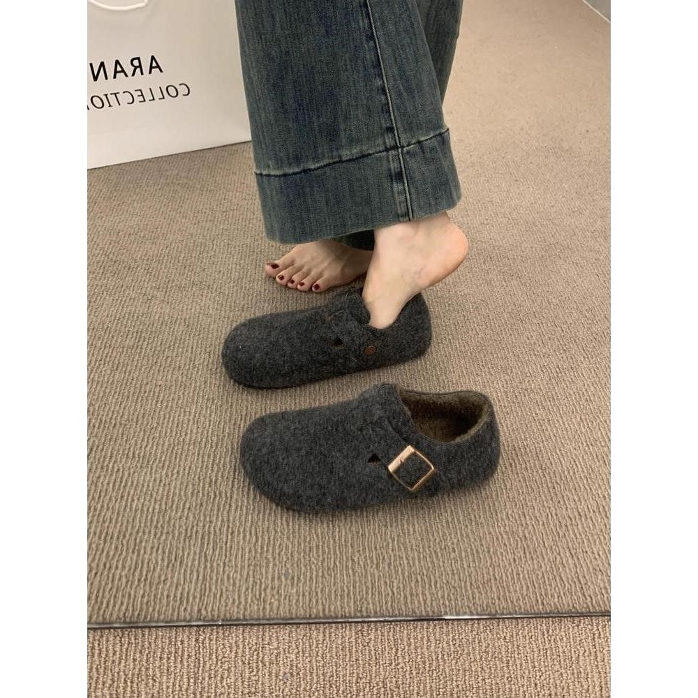 复古毛毡加绒勃肯鞋女2025秋冬新