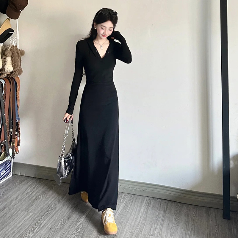 法式黑色长袖连衣裙子女夏季2025新款夏日绝美气质收腰长裙高级感